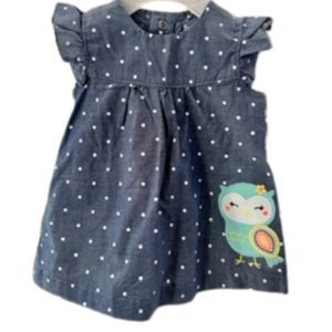 CARTER'S NWT Grey/Blue Polka Dot Baby's Dress With Owl Applique. Size 3 Month